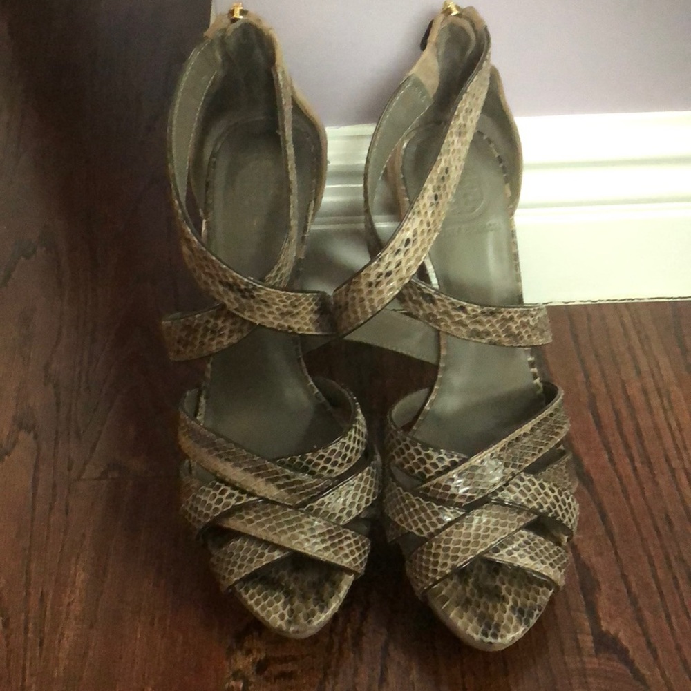 TORY BURCH CRISS CROSS HIGH HEEL SNAKESKIN SANDAL